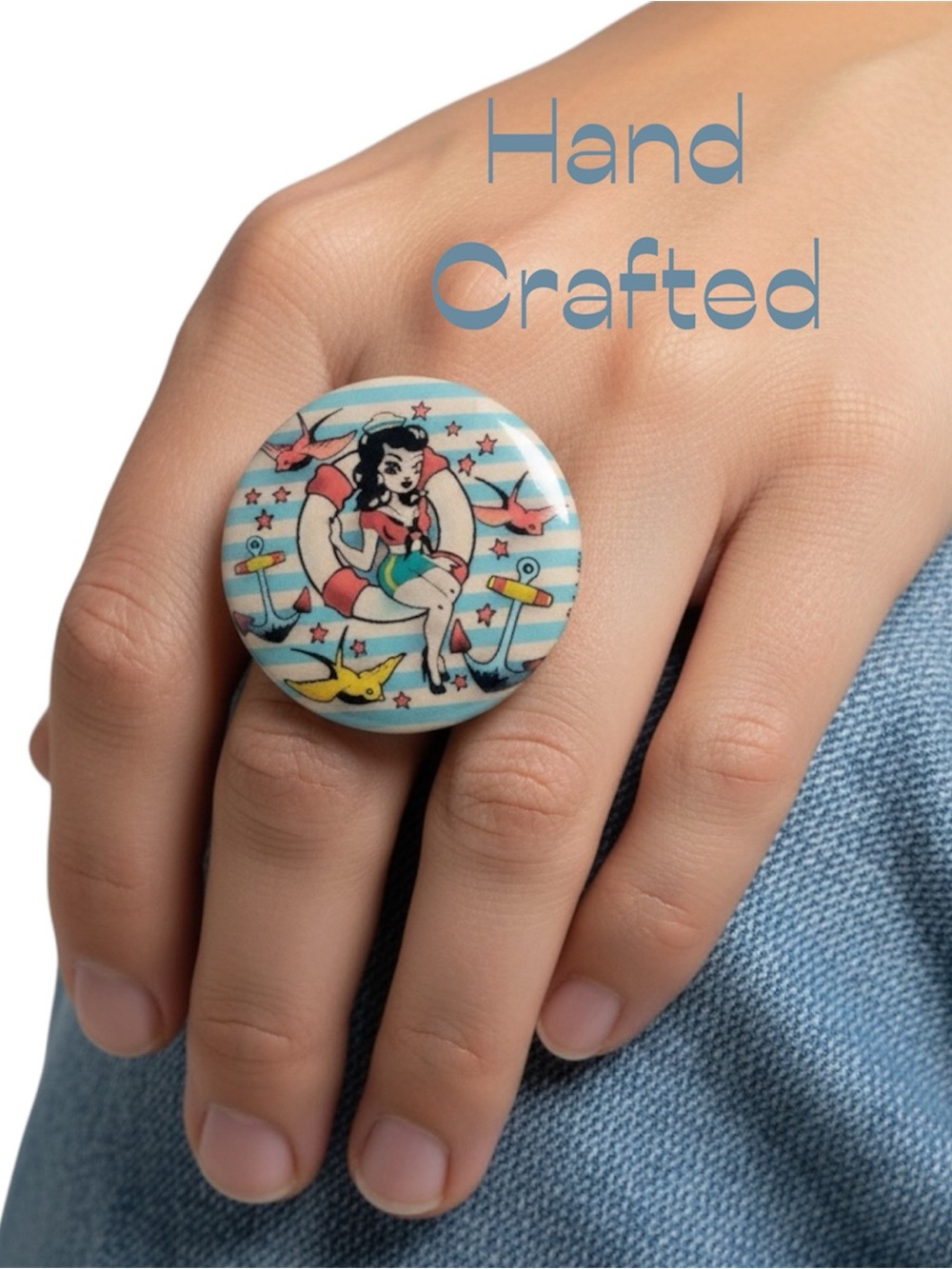Hand Crafted Vintage Pinup Girl Pin Back Button Adjustable Ring NWT